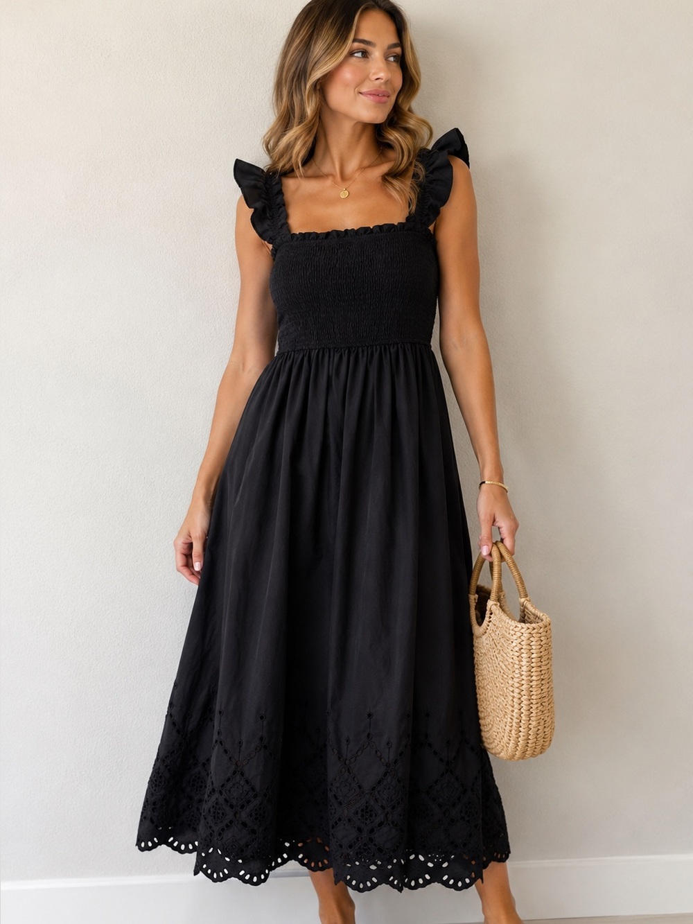 Blu Pepper Black Smocked Maxi Dress with Ruffle Straps size small cotton blend
